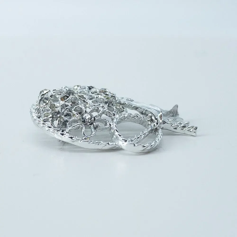 Silver Rhinestone Floral Bouquet Brooch